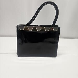 Vtg 1960s MCM Cara Shiny Black Patent Leather Bag Gold & Silver Trim Top Handles